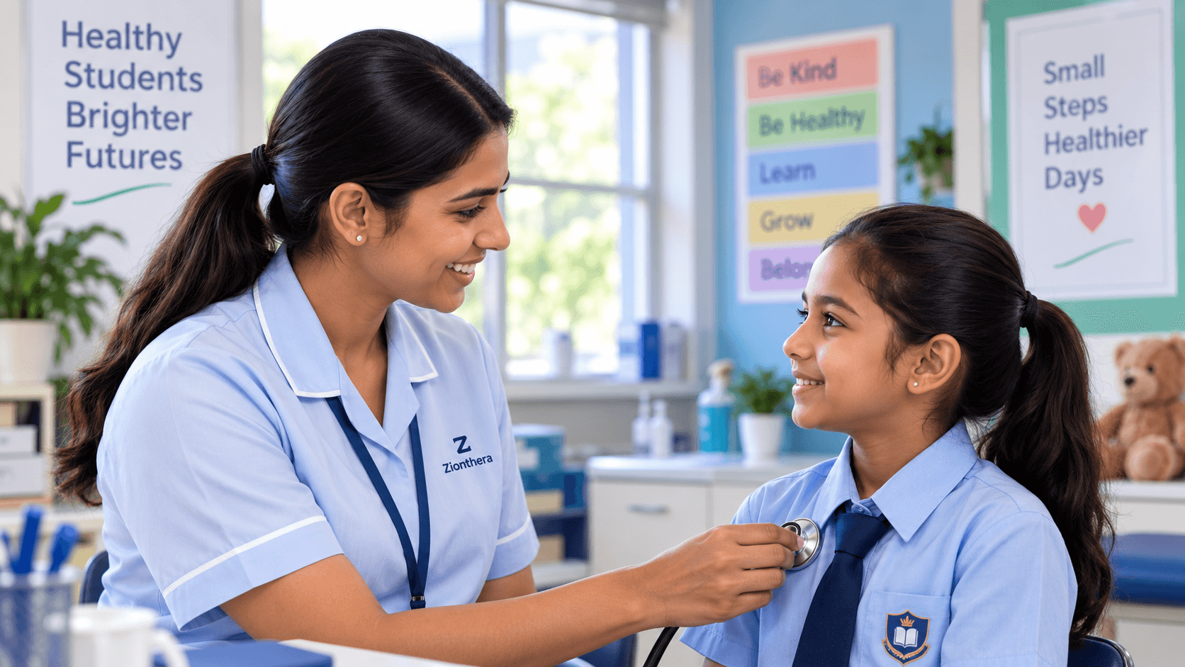 School health staff speaking with a student in a school health room.