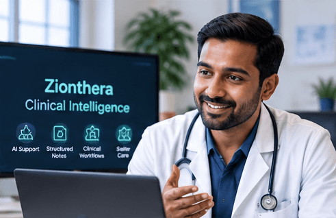 A clinician reviewing Zionthera Clinical Intelligence on a clinic screen.