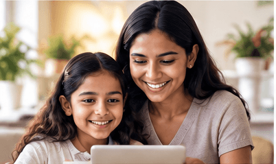 A parent and child looking at a tablet together.