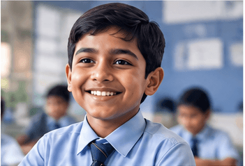 A smiling schoolboy in a classroom.
