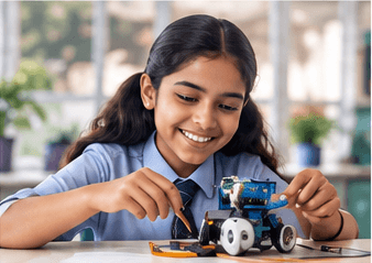 A schoolgirl assembling a small classroom robot.
